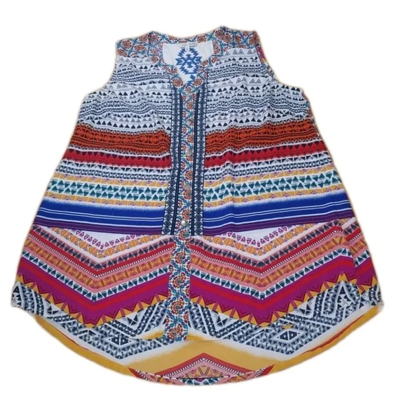 John Mark Boho Tunic Top Large Aztec Gauzy Embroidered Floral Striped Button - Picture 4 of 12